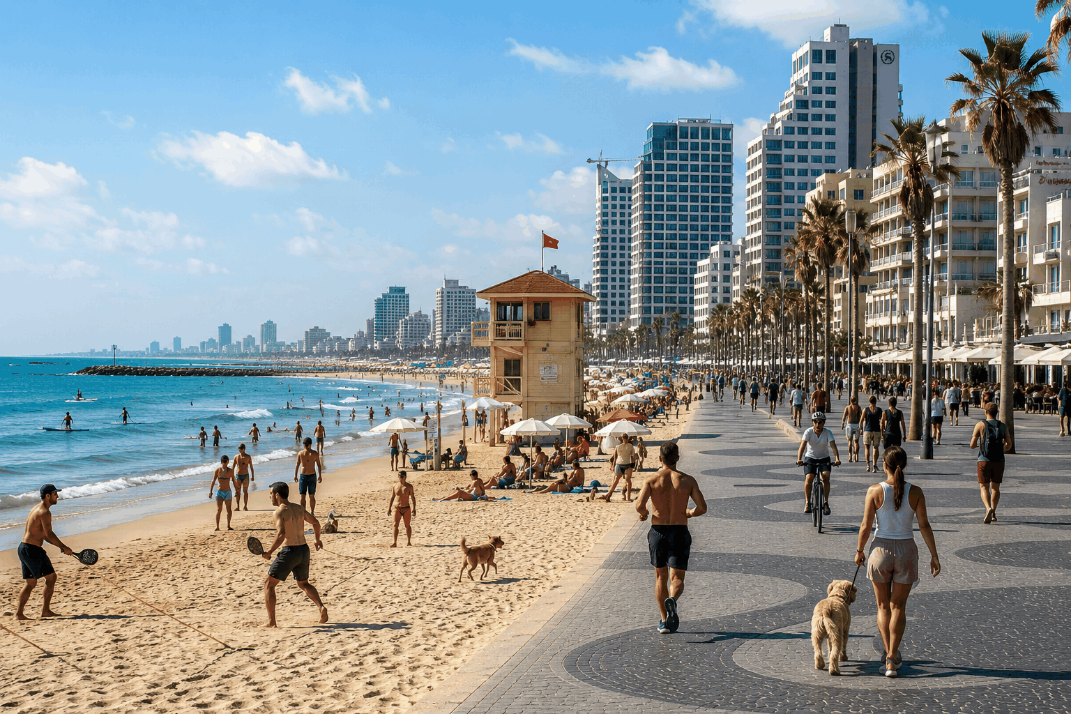 מטקות, ריצה, רכיבה על אופניים וים - כך נראית שגרת הקיץ בחופי תל אביב. אילוסטרציה: AI