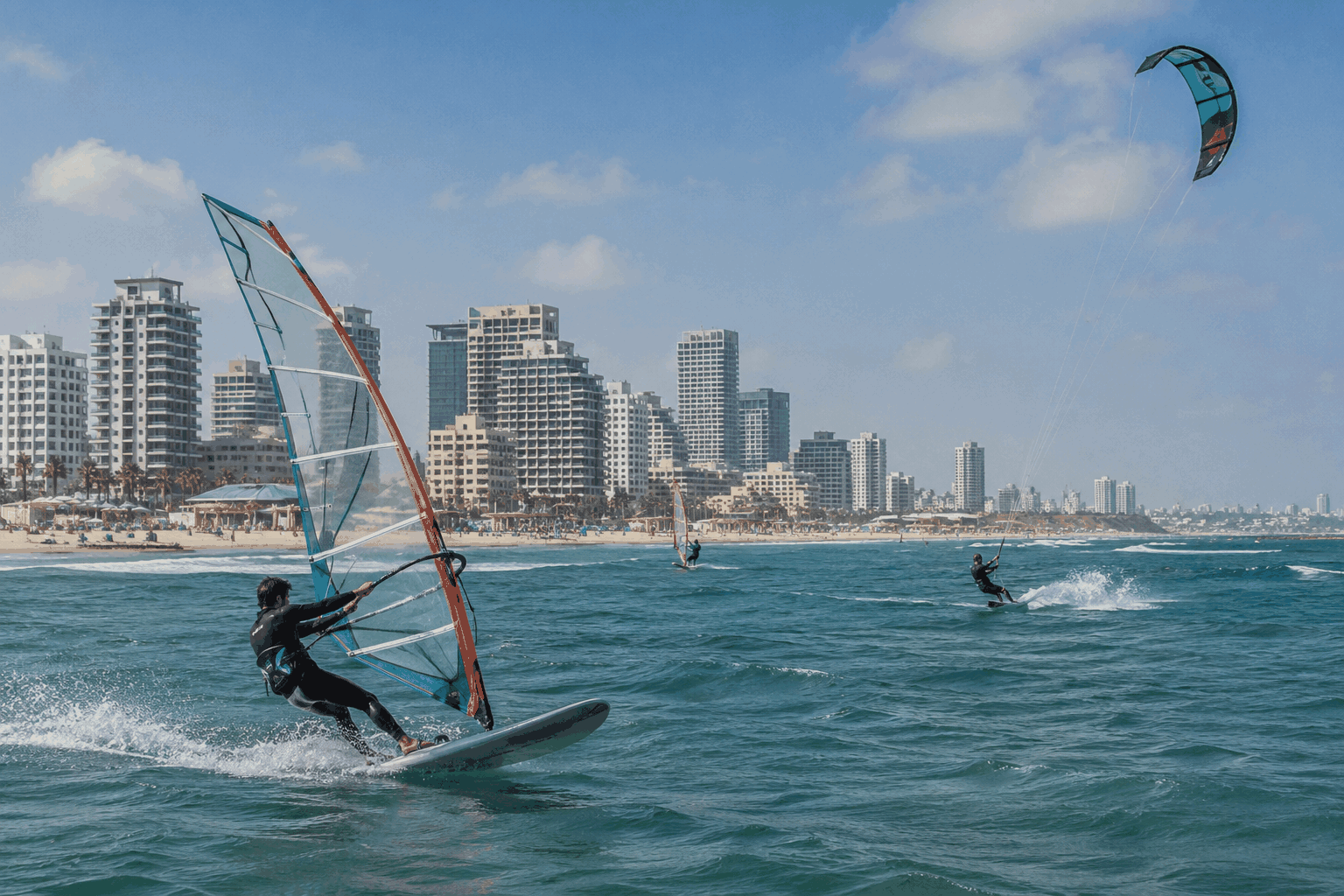 תנאי הרוח והים בחופי השרון והמרכז מושכים אליהם מדי שנה חובבי גלישת רוח, קייטסרפינג וספורט ימי. אילוסטרציה: AI